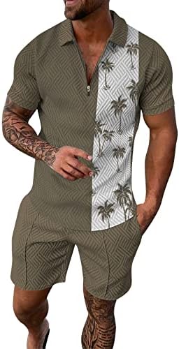 Mens Summer Tracksuits Define roupas de pólo de zíper regulares para homens para homens engraçados 3D Print V Camisa muscular do pescoço e conjuntos curtos