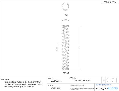 Mola de compressão, 302 aço inoxidável, polegada, 0,30 OD, 0,035 tamanho do fio, comprimento comprimido de 0,408 , comprimento