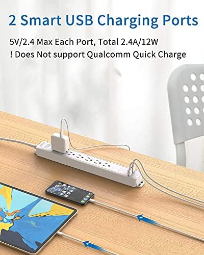 6 pontos de venda Power Surge Protector Power Strip com 2 portas USB, cordão de extensão de 10 pés de comprimento, faixa