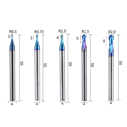 Ferramenta Jiuli 5pcs CARBIDE FIM DE FILHO DE MILHO DE BALL Mills Nariz Finis para aço 2 flautas de moagem Nano revestimento HRC65 R0.5-2.0mm