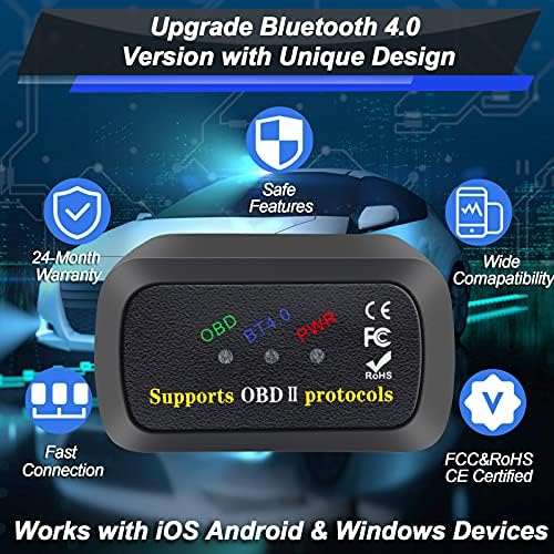 OBD2 Bluetooth 4.0 Scanner Code Code Reader para iPhone iOS Android Windows, AUTO ODB2 OBDII Adaptador de diagnóstico Ferramenta de varredura para checar luzes do motor
