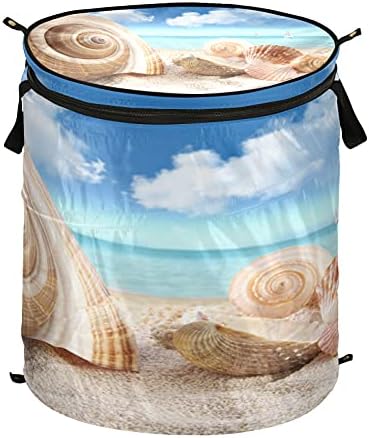 Alaza 50 l Pop-up Laundry Horty Basket com tampa e alça, grupo de conchas no mar na praia Curtador de pano dobrável