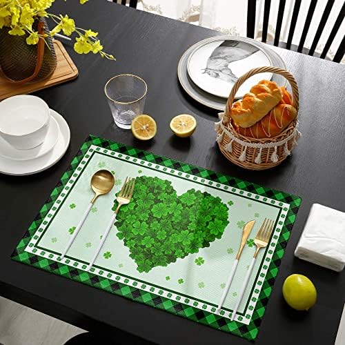 Placemats do dia de São Patrício Conjunto de 4, Green Shamrock Love Heart Table tapetes para mesa de jantar de cozinha,