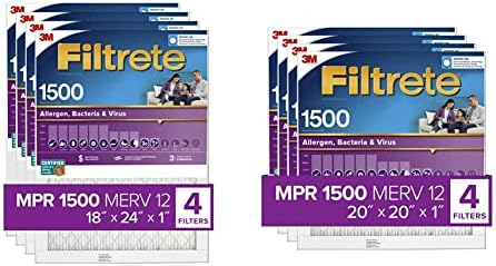 Filtrete 18x24x1, filtro de ar do forno AC, MPR 1500, Ultra alergen de vida saudável, 4-Pack & 20x20x1, filtro de ar do forno