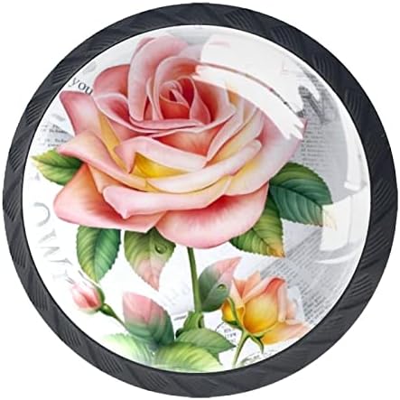 Tyuhaw Round gaveta puxa Handle Rose Rose Postcard Printing com parafusos para armários de cômodas de casa Porta de cozinha Garra de mesa da mesa de mesa banheiro 4pcs