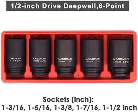 Casoman 5 peças 1/2 Dr. Deep Fushle Exle Nut Impact Socket Set, polegada, Cr-Mo, 6 pontos, 1-3/16 polegada-1-1/2