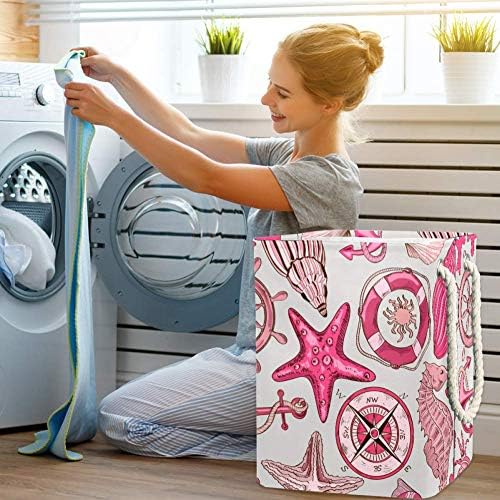 DJROW Pink Wheel Sea Anchor Starfish Pattern Laundry Horting Bucket para Kids Room Home Organizador de Berçário Armazenamento de