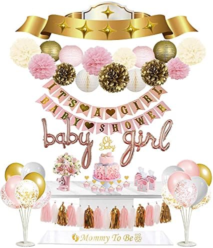 Decorações do chá de bebê para menina | Premium | 75 pcs | É uma banner de garota | Balões de folha de menina | Pompons de flores, lanternas de papel, bolas de favo de mel, borlas | Balões de confete e látex | Toppers de bolo | Faixa | Bomba de ar | Nós felicidade perfeita