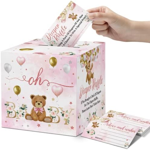 50 peças fraldas de fraldas cartões com jogos de chá de bebê box rosa urso, rosa balão rosa urso fralda de sorte