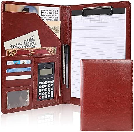 Portfólio de couro Chuleag com calculadora, portfólio de negócios de couro superior A4 Red Brown, slot de apresentação, calculadora solar, armazenamento de cartões, almofada de escrita