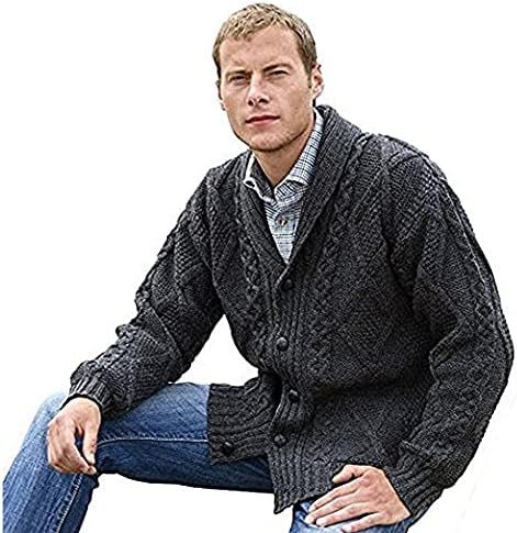 Irish Aran Knitwear irlandês Merino Wool Shawl Cardigan Sweater com bolsos