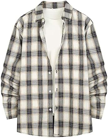 Camisetas de grandes dimensões para homens outono e inverno casual estampa xadrez de lapela de lapela de manga longa solta