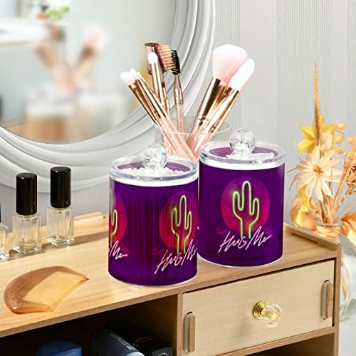 Yyzzh Purple Neon Cactus abraço -me slogan Fashion Graphic 4 Pack Qtip Dispenser para algodão Swab Ball Round Pads Floss 10 oz Jar de boticário Conjunto para organizador de maquiagem de armazenamento de banheiro Organizador