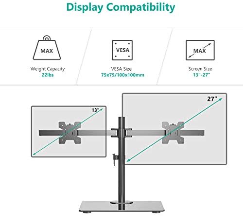 Posto de monitor duplo livre de wali, suporte de monitor ajustável em altura com base de vidro, se encaixa na tela curva plana LED LCD até 27 polegadas, 22 libras, com base de ilhó