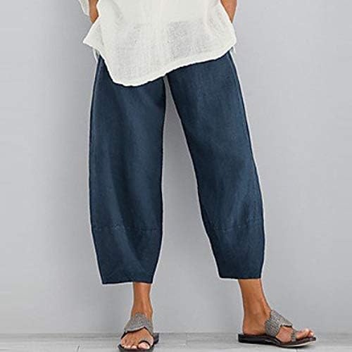Calças de linho de badhub mulheres calças de verão de cor sólida casual com bolsos confortáveis ​​cintura elástica