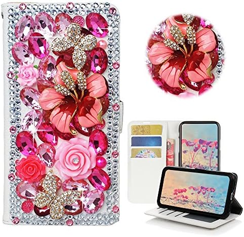 Stenenes Samsung Galaxy J7 V Case, Samsung Galaxy J7 Caso Perx - Elegante - 3D Flores de cristal de cristal artesanal Flores de borboleta floral Cartão de crédito Slots Dobra