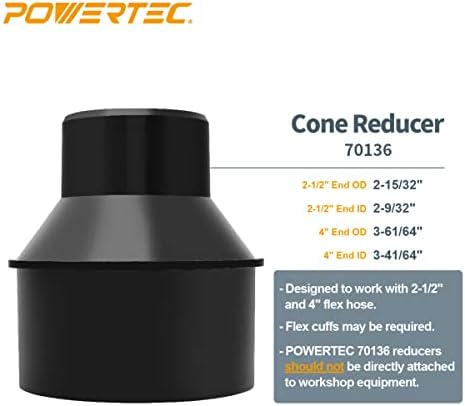 Powertec 70349 4 mangueira para 2-1/2 Reducedor de cone de mangueira com controle flexível de controle de poeira 2-1/2 para coleta