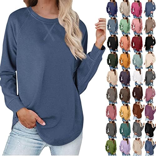 Camisas de manga comprida para feminino 2023 Crewneck de casual, moda de blusa sólida moda solta tops de pulôver básicos