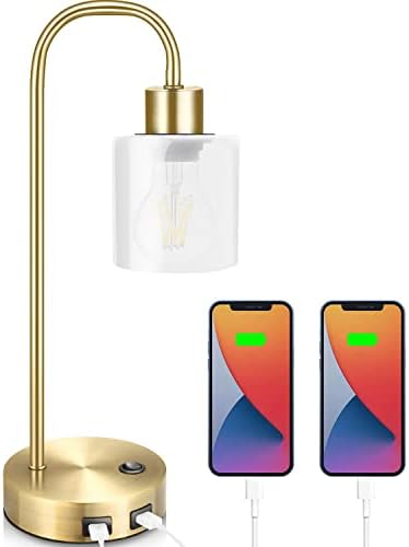 Lâmpada de mesa industrial de ouro para quarto, lâmpada de cabeceira vintage de Elizabeth com porta USB, lâmpada de cabeceira de metal
