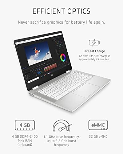 HP Chromebook X360 14 Laptop, Processador Intel Celeron, 4 GB de RAM, 32 GB Emmc, 14 ”HD, Chrome OS, Webcam & Dual Mics, trabalho, streaming, escola, longa duração da bateria