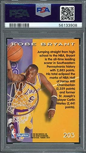 Kobe Bryant 1996 Skybox Premium Basketball Rookie Card 203 PSA classificado 8