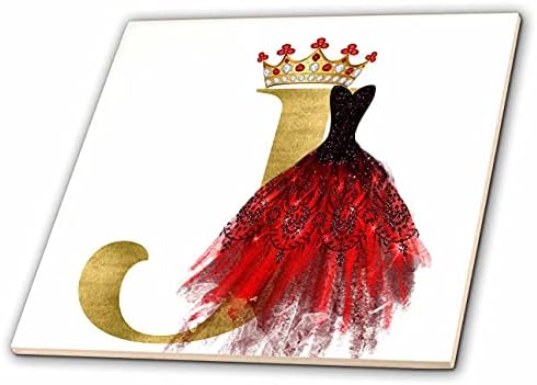 Imagem do vestido vermelho de 3drose de jóias Imagem da coroa do monograma de ouro J - azulejos