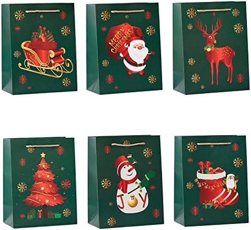Qutienwa 12 PCs sacolas de presente de Natal com alça de ouro, 6 temas clássicos de Natal para decorações de Natal, sacolas