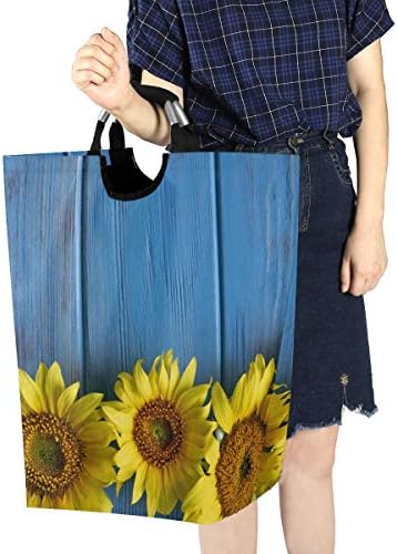 Yyzzh girassol em madeira azul outono flor floral estampar grande lavanderia bolsa de cesta de cesta de compras colapsível poliéster lavanderia cesto de roupa dobrável bolsa dobrável lavar lixo