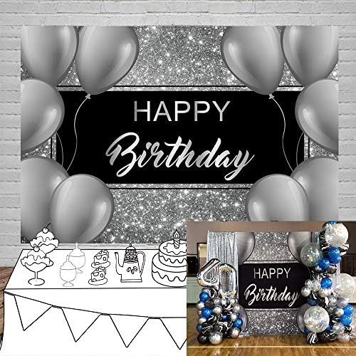 LaeAcco Feliz aniversário cenário 10x6,5 pés preto e prata Glitter Birthdand Birthday Cenários para homens Balões cinza Party Birthday