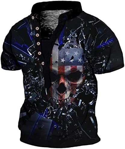 Camisa Pacote Americano masculino 4 de julho Dia Independente 3D impressão Henley Tir shirt Botão de manga curta Tops escuro