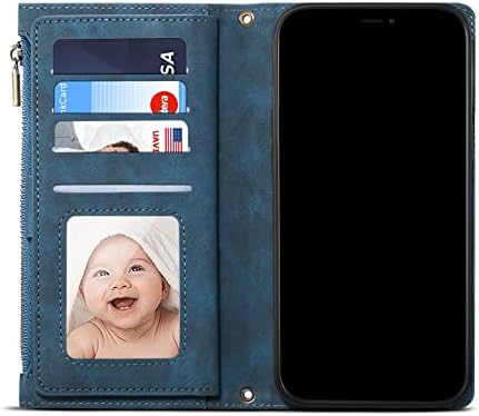 Caixa de proteção telefônica Caixa da carteira compatível com iPhone 13 6,1 polegadas de estojo com zíper com slot de suporte para cartão de bloqueio RFID, bolsa de zíper magnética com pulseira de pulseira, capa de couro vintage flip flip Cas