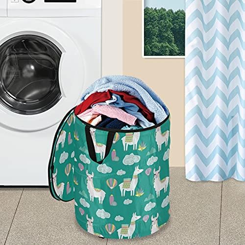 LLAMA ALPACA Green Pop Up Laundry Horting com tampa de cesta de armazenamento dobrável Bolsa de roupa dobrável para
