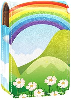 Florest Rainbow Scene Small Lipstick Case com espelho para bolsa, suporte de maquiagem cosmética de couro durável, kit de armazenamento de cosméticos portáteis de viagem