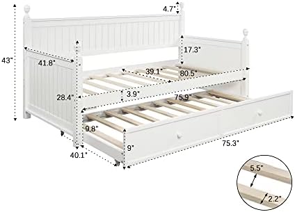 Harper & Bright Designs Tamanho duplo Durá do dia com Trundle, Madeira Twin Trundle Daybed Frame, sofá-cama de uso duplo para sala de estar, quarto de hóspedes, quarto infantil, sem primavera de caixa necessária, branco