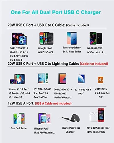 32W 2 Porta com 20W USB C Fast Charger Compatível com iPad Pro 12.9 Gen 5/4/3 2021/2020/2018, Pro 11 Gen 3/2/1, novo mini