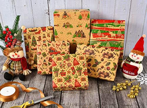 Titiweet Kraft Papel de embrulho de Natal para homens - Papai Noel de Natal, bonecos de neve, árvores, meias, alce