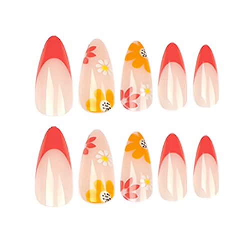 Rikview French Press On Nails Medium Unhas Falsas Unhas vermelhas com Design de Flores Almond Acrílico Unhas Amarelas Unhas