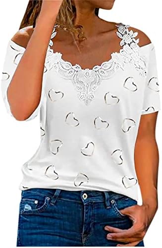 Camiseta fria de ombro para mulheres elegantes v pescoço de crochê tampos de rendas coloridas estampas coloridas de verão