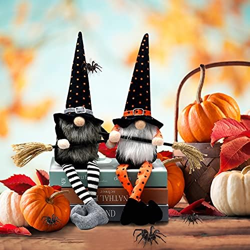 Yuqi 2pcs Halloween Bruxa Gnomos de pelúcia com vassoura para decoração de bandeja de camadas, Handmade Halloween Fall