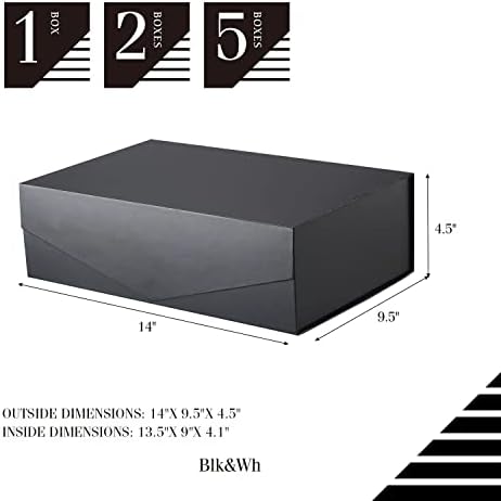 BLK & WH 5 Caixas de presente 13,5x9x4,1 polegadas, grandes caixas de presente com tampas, caixas de presente pretas, caixas de padrinhos,