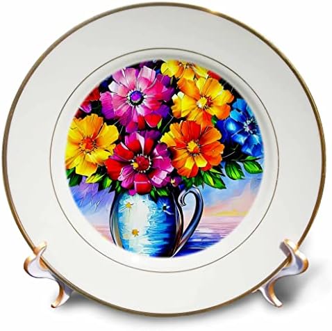 3drose amarelo, roxo e flores azuis em uma jarra de vidro em um presente de mesa colorido - pratos