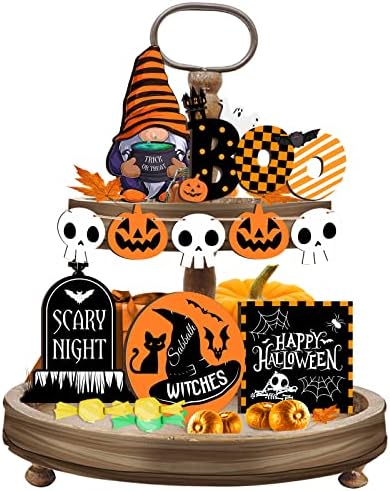 10 PCs Decorações de bandeja em camadas de Halloween Halloween Sinais de madeira decoração com chapéu de bruxa de boo, gnomos