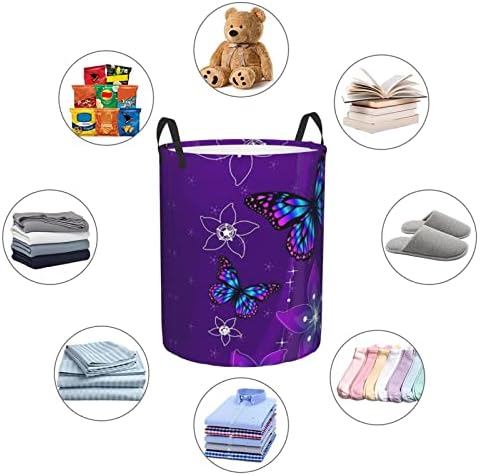 Purple Butterfly Imprimindo cesta de lavanderia grande com alça de alça, à prova de água dobrável cesto para quarto, banheiro