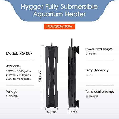 Hygger 10-25 galões de aquecedor aquário pequeno com controlador de exibição LED, aquecedor de tanque de peixes submersível de quartzo