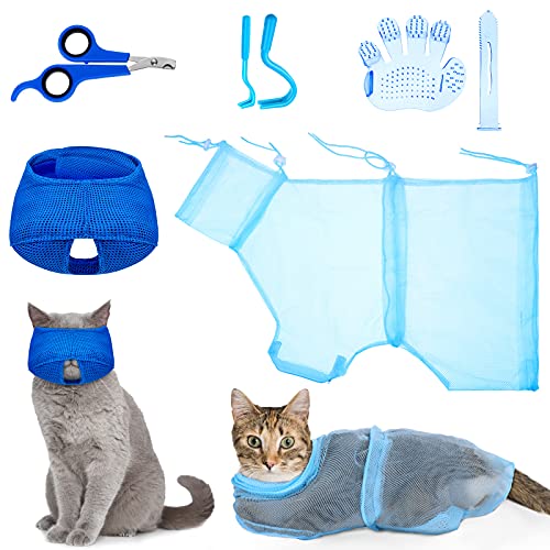 5 peças Bolsa de banho de gato Conjunto de gato Bolsa de limpeza ajustável Bolsa de chá de estimação focinhos de gato Anti-mordia