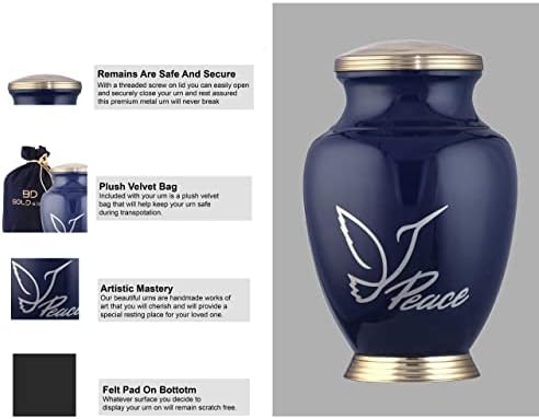 Bold & Divine Beautiful Dove Peace Azul escuro Cremação impressa urna | Grande | 200 polegadas cúbicas | Multicolor | Memorial de cinzas humanas, enterro, cremação funerária urnas com belo bolsa de veludo