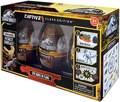 Jurassic World Captivz Slime Eggs 3 Pack Clash Edition - Pop n Lock Dinosaurs - Lava Slime - Construa e Batalha - 30