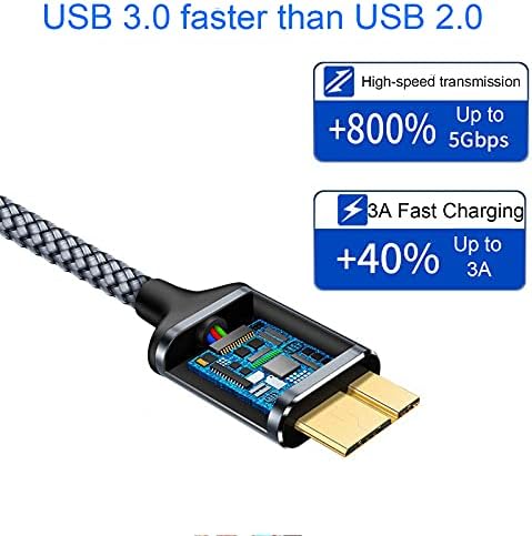 Jsaux 3,3ft+6,6ft USB C a Micro B Cabo 2pack, USB tipo C a Micro B Cabo do cabo Nylon Cordamento trançado compatível com Toshiba Seagate