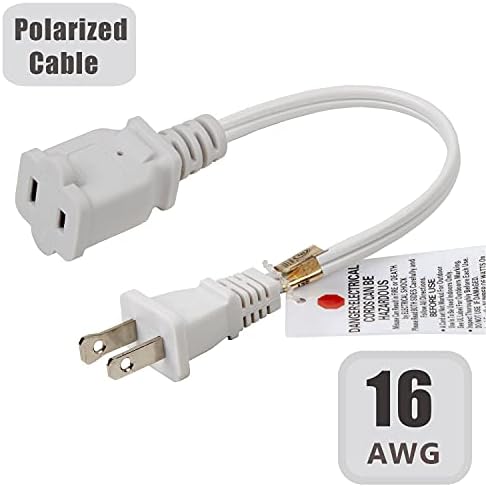 [2-PACK] 2XPCS BRANCO CURTO CURTO DE 1 POLEGADO POLARIZED US 2-PRILHA Malele-Female Cord, 16AWG 2 Extensão de saída Cabo 10a/125V,