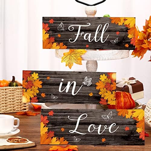 Fall in Love Blocks de madeira Sinais de bandeja em camadas de 3 peças Palavras de bloco de madeira Decoração de outono